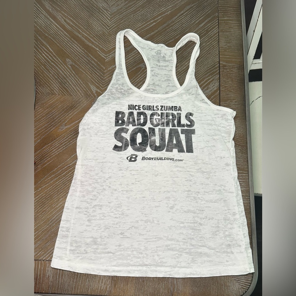 Bodybuilding.com Womens Bad Girls Squat Graphic Tank Top White Large Burnout Gym - Picture 2 of 2
